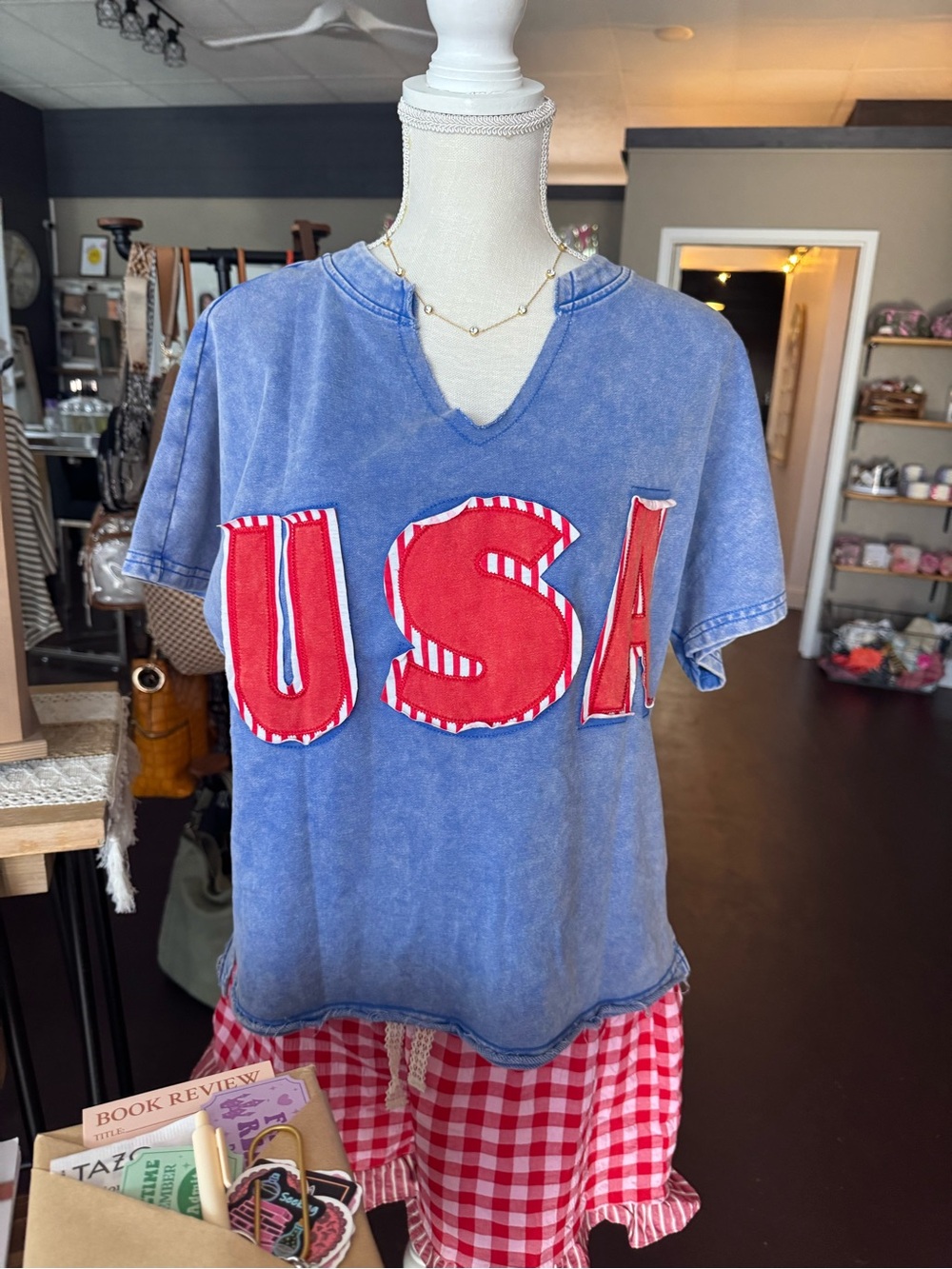 Blue Short Sleeve Tee with Red USA Appliqué